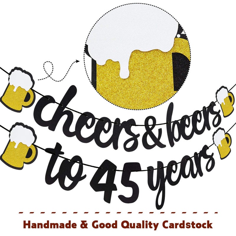 Joymee 45 Birthday Decorations for Men Women - Cheers to 45 Years Banner Pre-Strung, Glitter 45th Birthday Decorations Party Supplies (Black Gold) - Image 2
